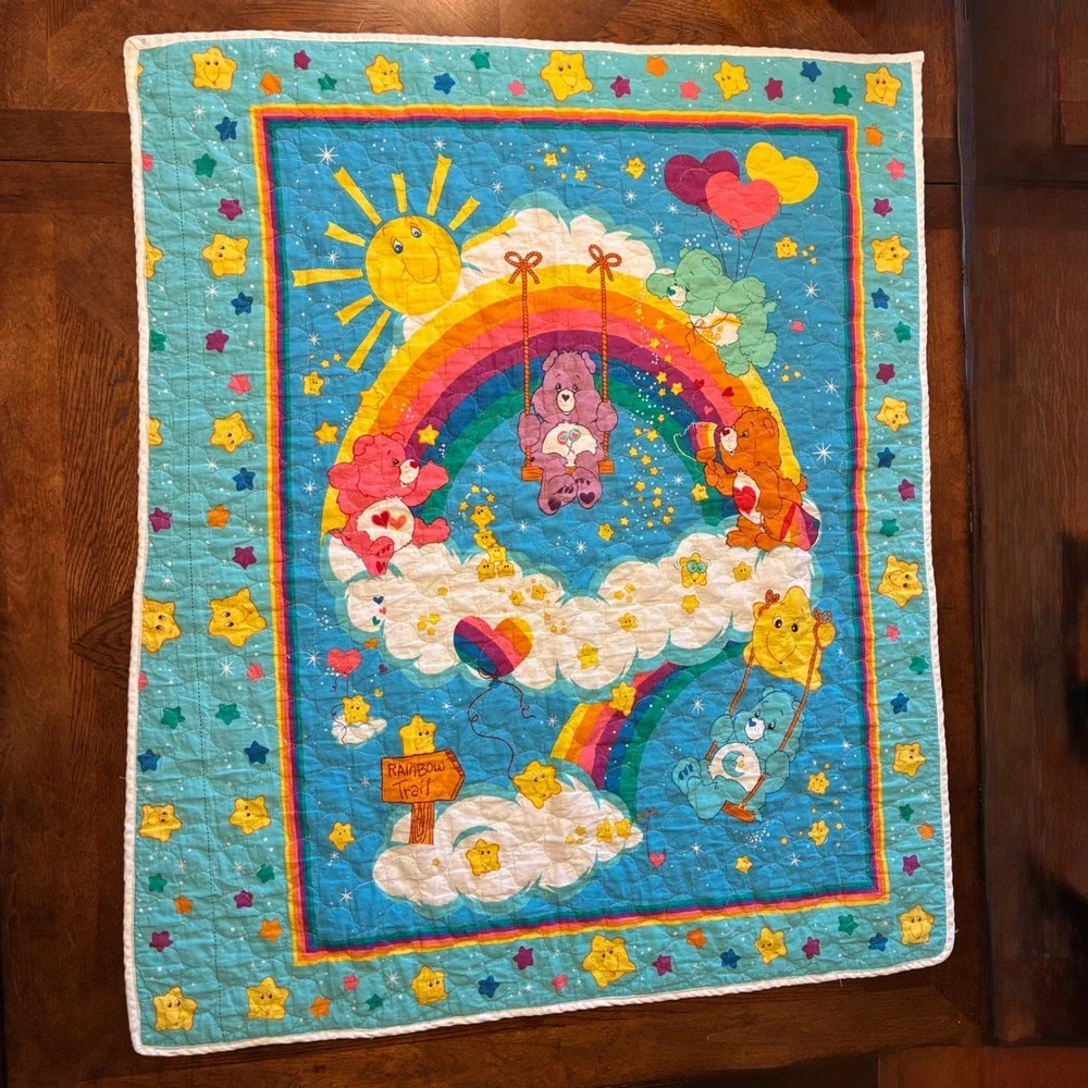 Vintage Care Bears Baby Quilt Handmade Blue Rainbow Trail Star Blanket